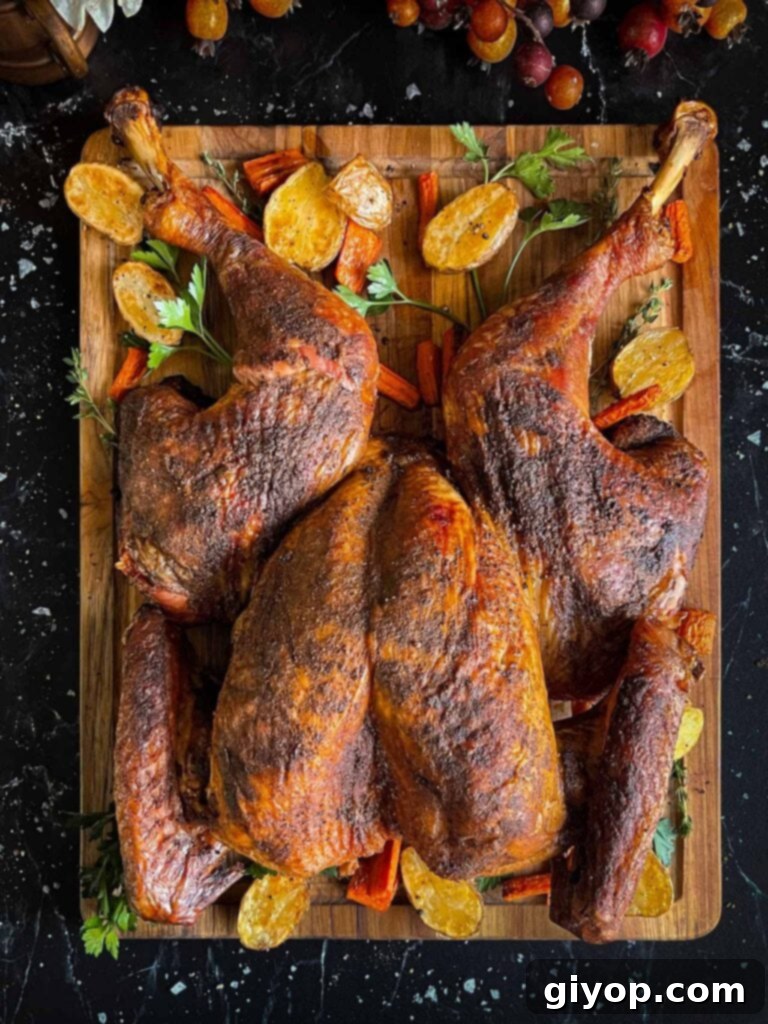 Ultimate Dry Brined Spatchcock Turkey 2 Dry brined spatchcock turkey with roasted vegetables on a wooden cutting board.