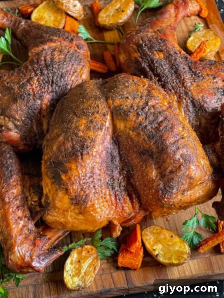 Ultimate Dry Brined Spatchcock Turkey 14 Dry brined spatchcock turkey with roasted vegetables on a wooden cutting board.