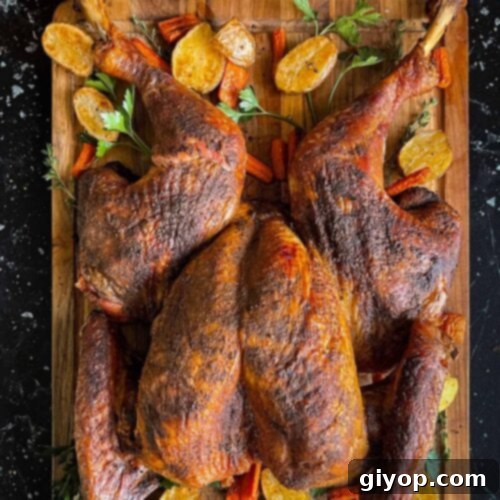 Ultimate Dry Brined Spatchcock Turkey 16 Dry brined spatchcock turkey with roasted vegetables on a wooden cutting board.