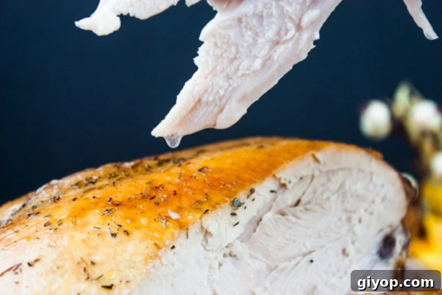 Ultimate Dry Brined Spatchcock Turkey 4 Juices dripping out of a slice of turkey breast.