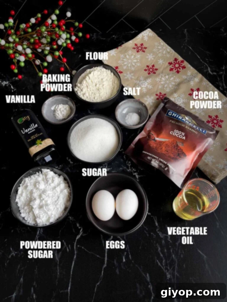 Key ingredients for baking chocolate crinkle cookies, neatly arranged on a dark background, ready for use.