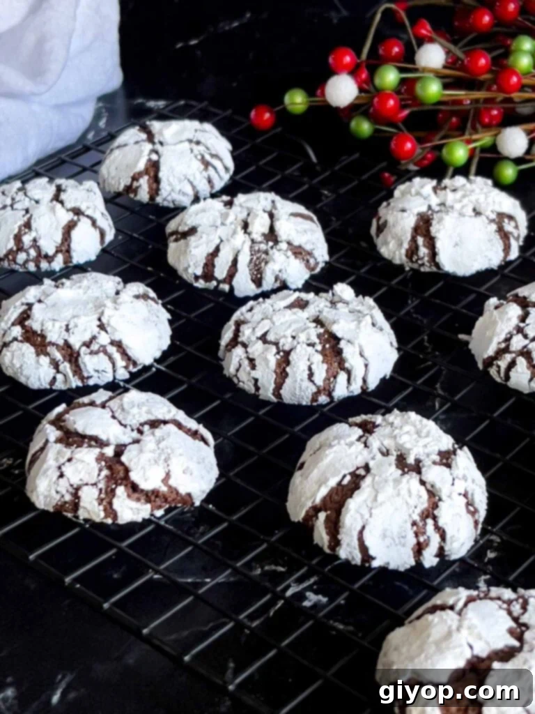 A fresh batch of chocolate crinkle cookies, with beautiful cracked surfaces, cooling on a wire rack, ready to be enjoyed.