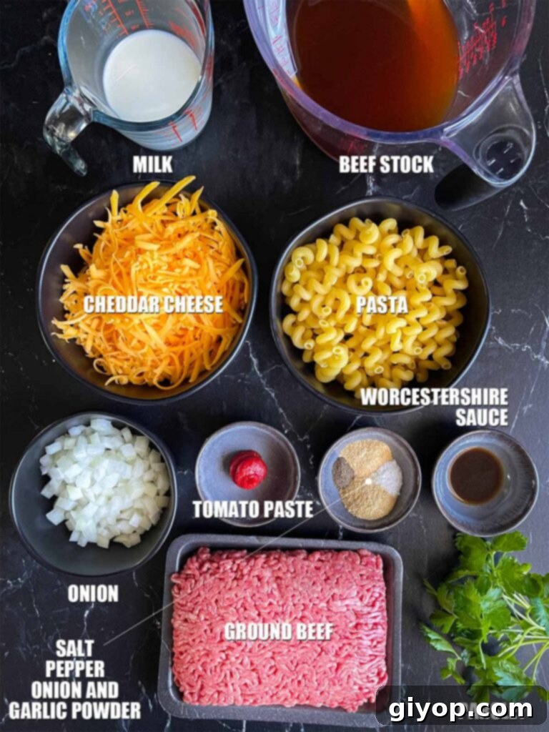 Ingredients for homemade one pot hamburger helper.