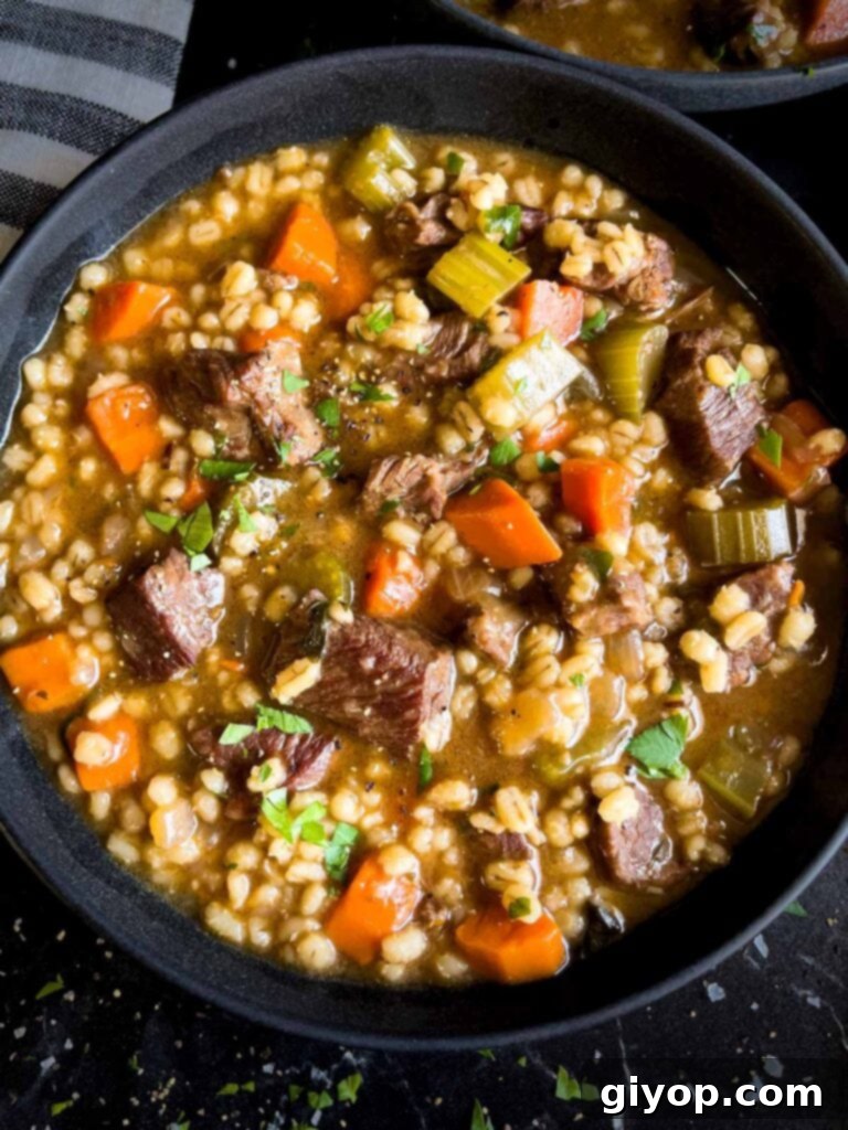 A dark bowl of hearty beef barley soup, garnished with fresh chopped parsley, ready to be served.