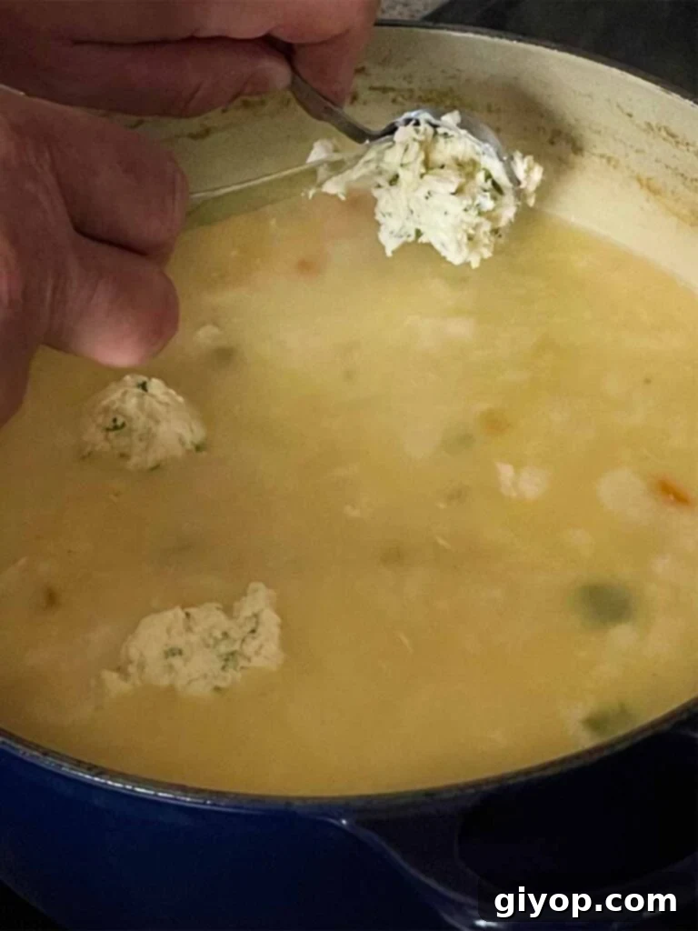 Tablespoon-sized drops of dumpling dough being carefully placed into a simmering pot of chicken soup.
