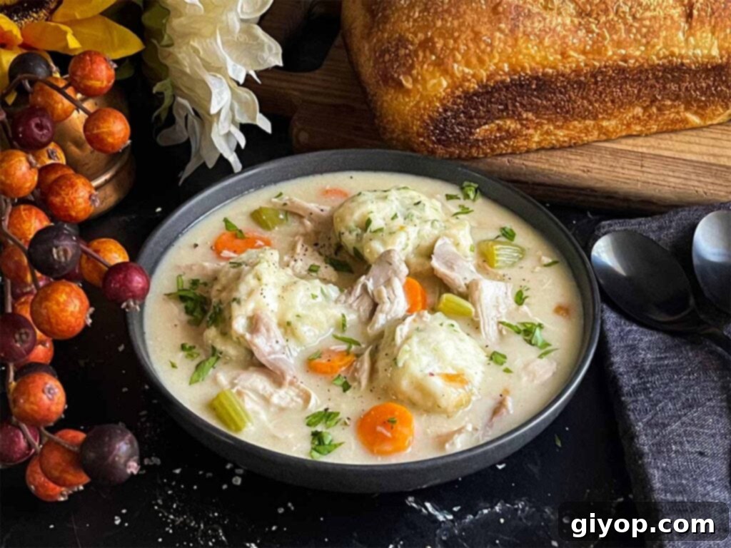 A dark bowl generously filled with homemade chicken and dumplings, garnished with parsley, with bread in the background.