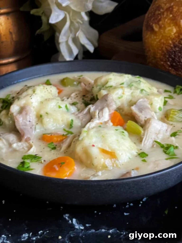 Homemade chicken and dumplings served in a rustic dark bowl, showcasing the fluffy dumplings.