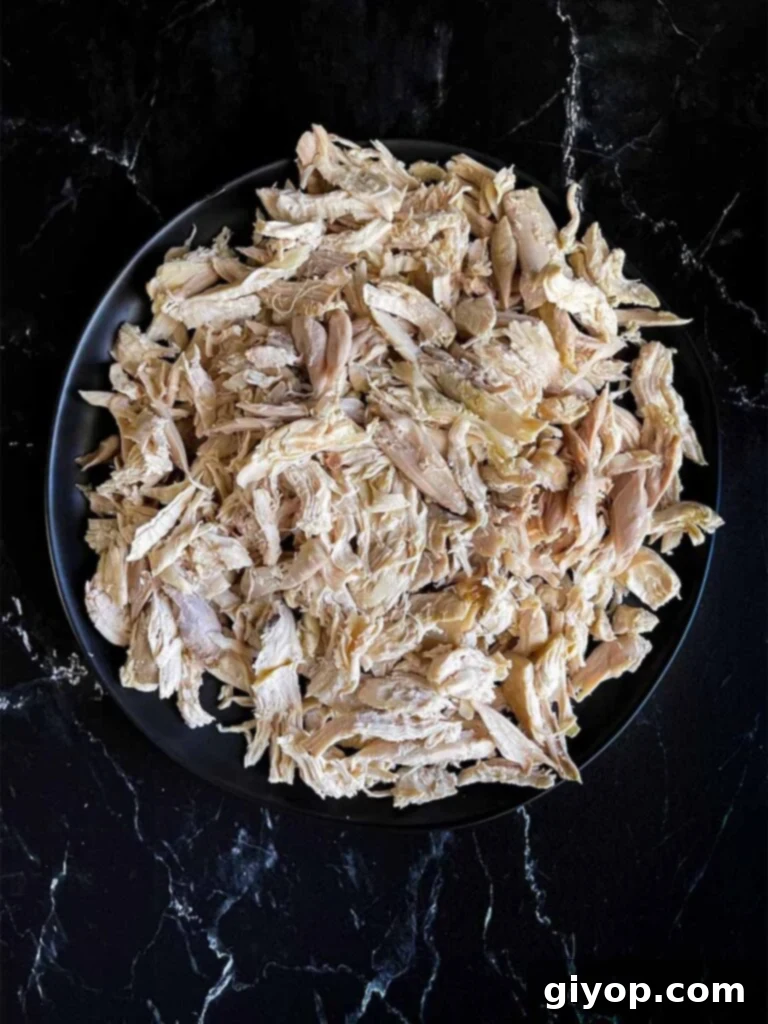 Cooked, tender shredded chicken, primarily dark meat, arranged on a dark plate, ready to be added to the soup.