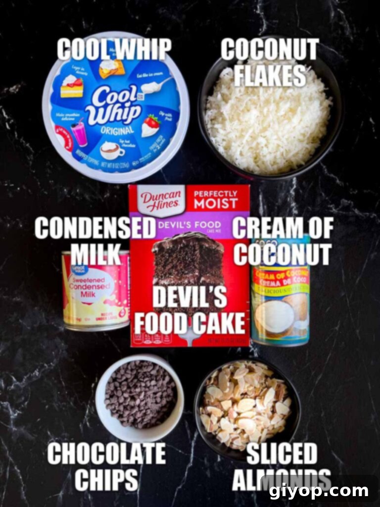 Close-up of ingredients to make almond joy cake: a can of cream of coconut, sweetened condensed milk, and shredded coconut.