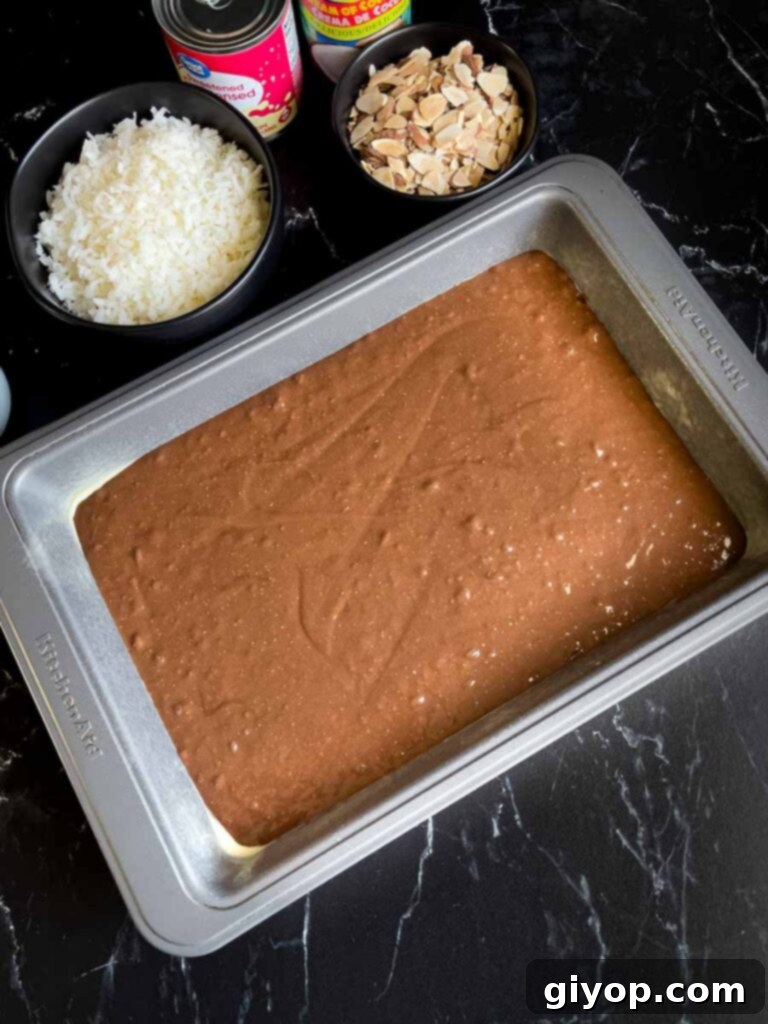 Almond Joy cake batter poured into a 9x13 pan, with coconut flakes, sliced almonds, and chocolate chips visible in bowls behind the pan.