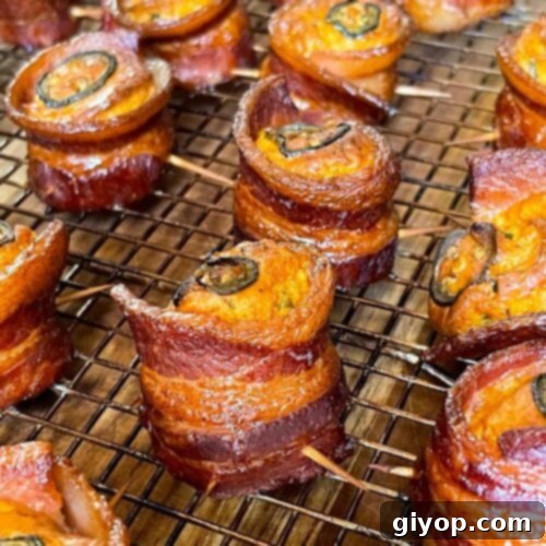 Pitmaster's Piggy Poppers 16 Smoked pig shots on a cooling rack.