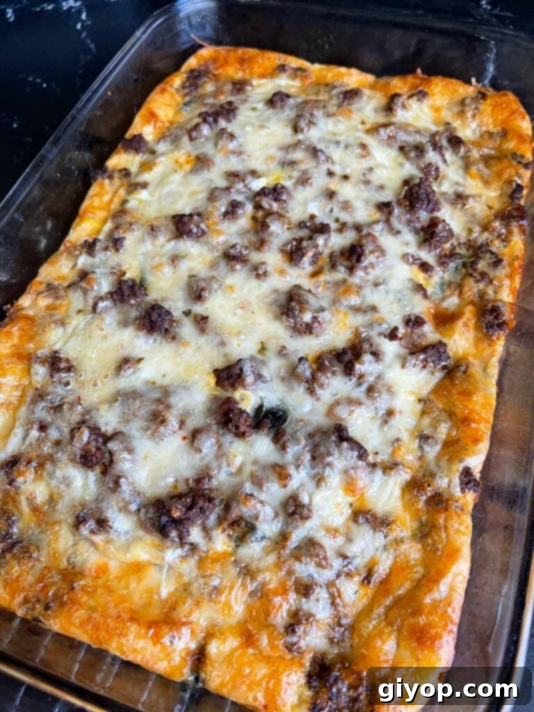 Cheesy Chile Relleno Bake 13 Chile Relleno Casserole in a glass baking dish.