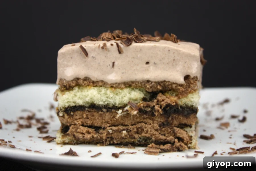 Decadent Chocolate Tiramisu 2 Chocolate Tiramisu on a white plate with a chocolate shaving garnish.