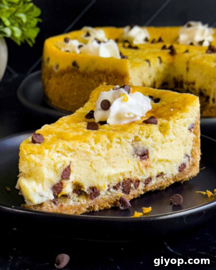 A slice of cannoli cheesecake on a dark plate with the whole cheesecake behind it. The slice reveals layers of creamy filling and a crunchy graham cracker crust.