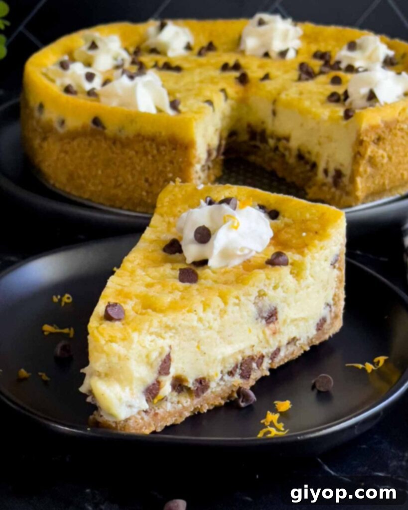 A perfectly sliced piece of cannoli cheesecake on a dark plate, showcasing its creamy texture and a hint of the whole cheesecake in the background.