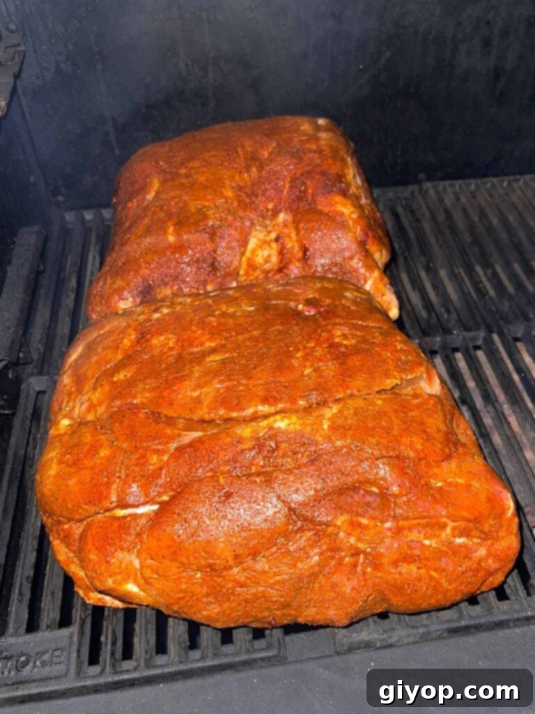 Two freshly seasoned pork butts resting on the grates, just placed inside the smoker.