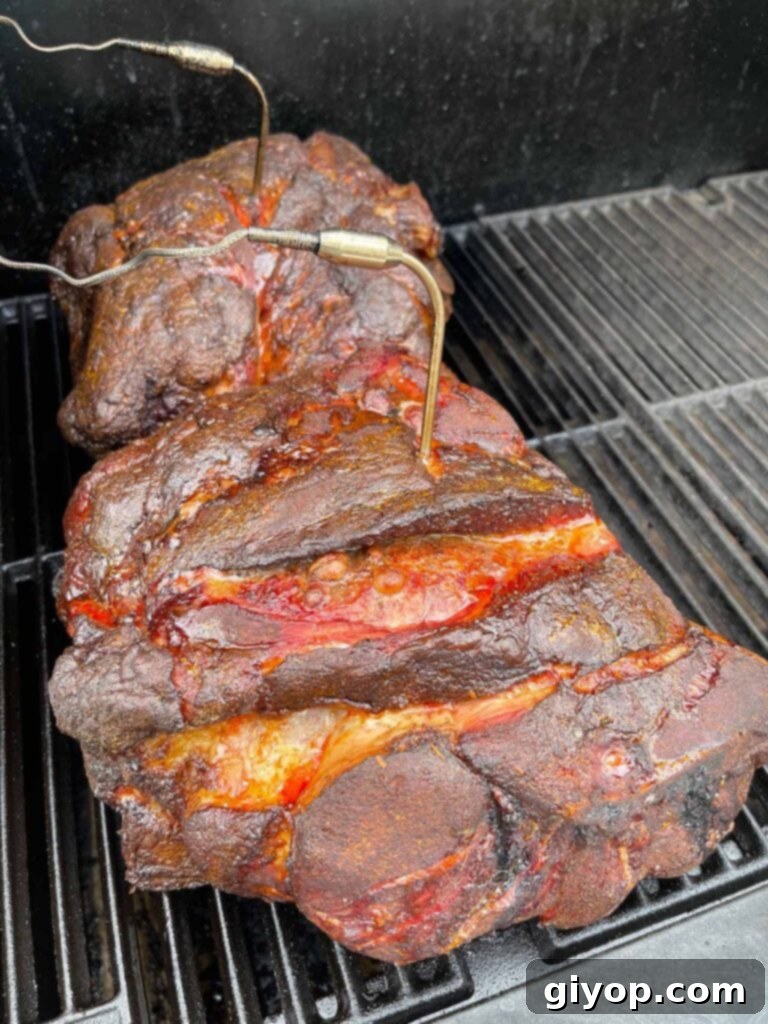 Two smoked pork butts approximately 6 hours into the smoking process, showing a developing bark.