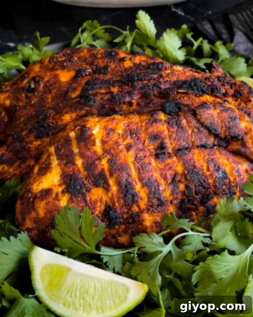 Mexican grilled chicken breast (pachuga asada) on a bed of cilantro.