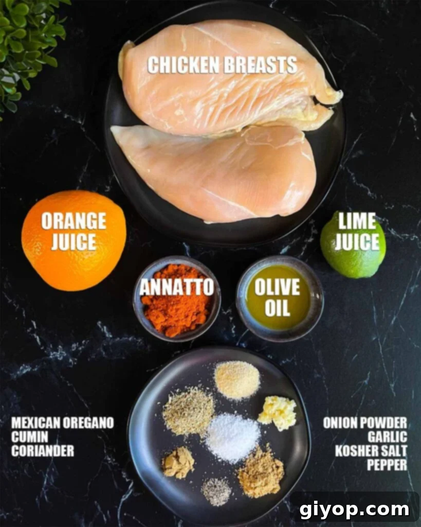 Ingredients for pechuga asada on a dark background.