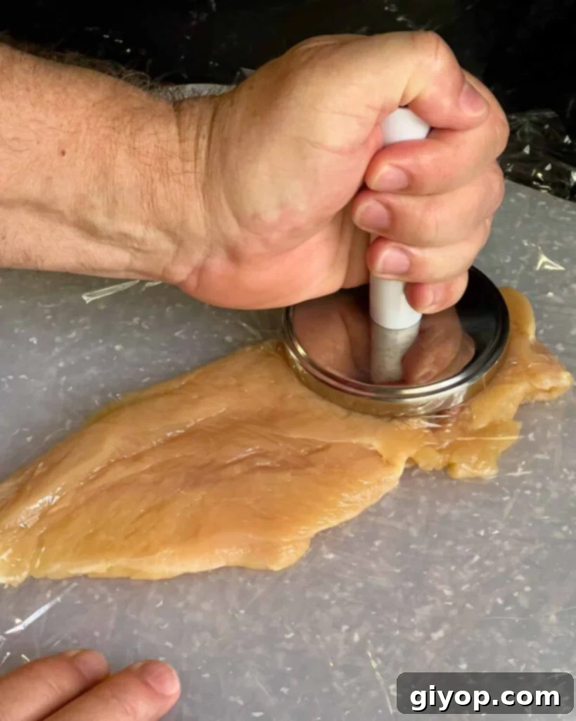 Pounding out a chicken breast.