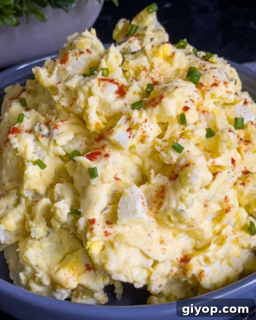 Homestyle Southern Potato Salad 2 Southern potato salad in a bowl garnished with chives and paprika.