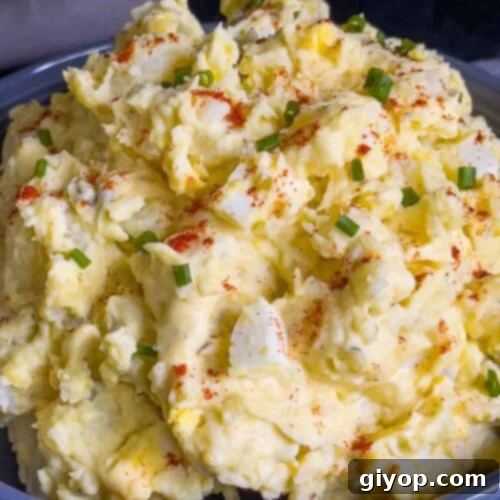 Homestyle Southern Potato Salad 11 Southern potato salad in a bowl garnished with chives and paprika.