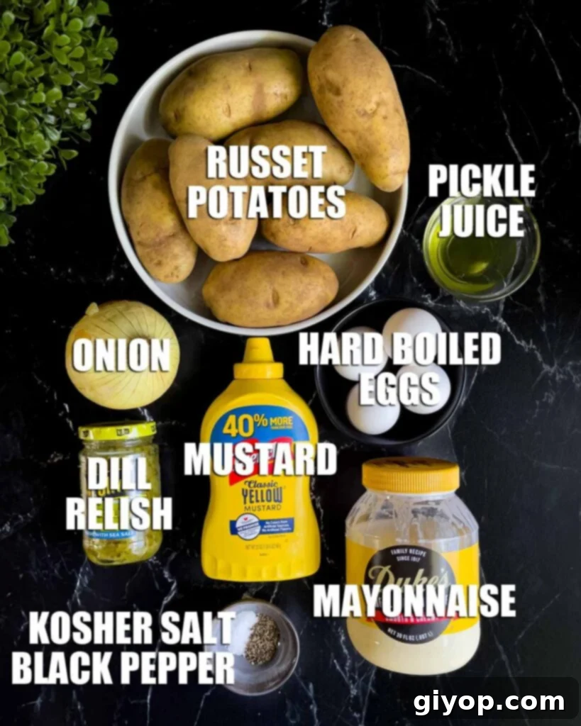 Homestyle Southern Potato Salad 3 Southern potato salad ingredients on a dark surface.