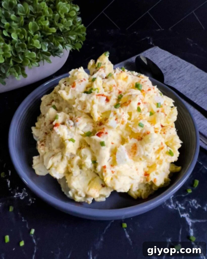 Homestyle Southern Potato Salad 10 Southern potato salad in a bowl garnished with chives and paprika.