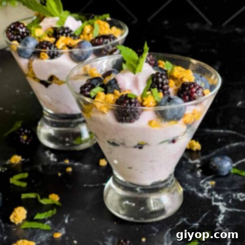 Berry yogurt parfait in a stemless martini glass on a dark surface.