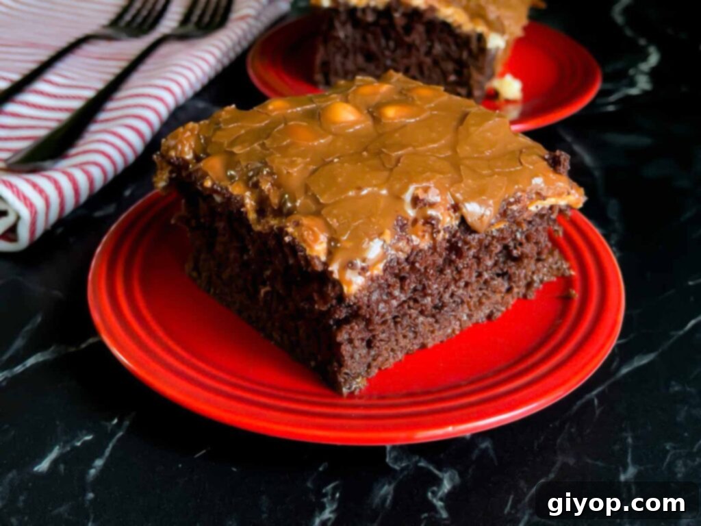 A perfectly portioned slice of Mississippi Mud Cake on a white plate, with another slice blurred in the background, showing the distinct layers of cake, marshmallow, and icing.