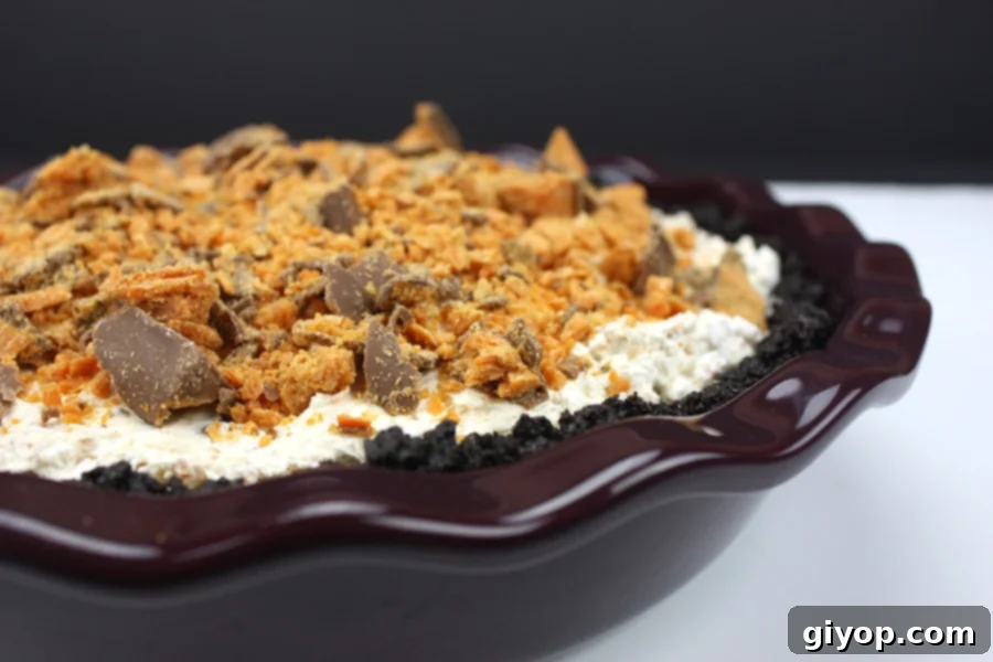 A stunning No Bake Butterfinger Pie in a decorative brown pie dish, garnished with extra crushed Butterfinger candy, ready to be served.