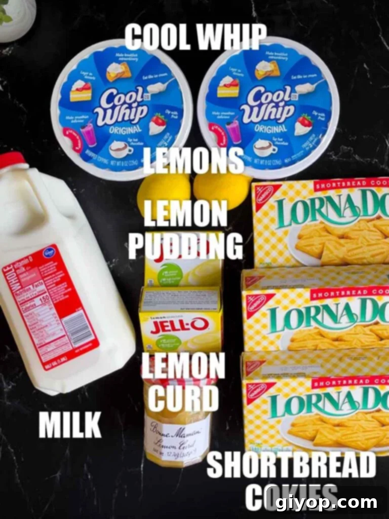 Various ingredients for a No-Bake Lemon Icebox Cake, including shortbread cookies, pudding mix, and whipped topping, neatly arranged for preparation.