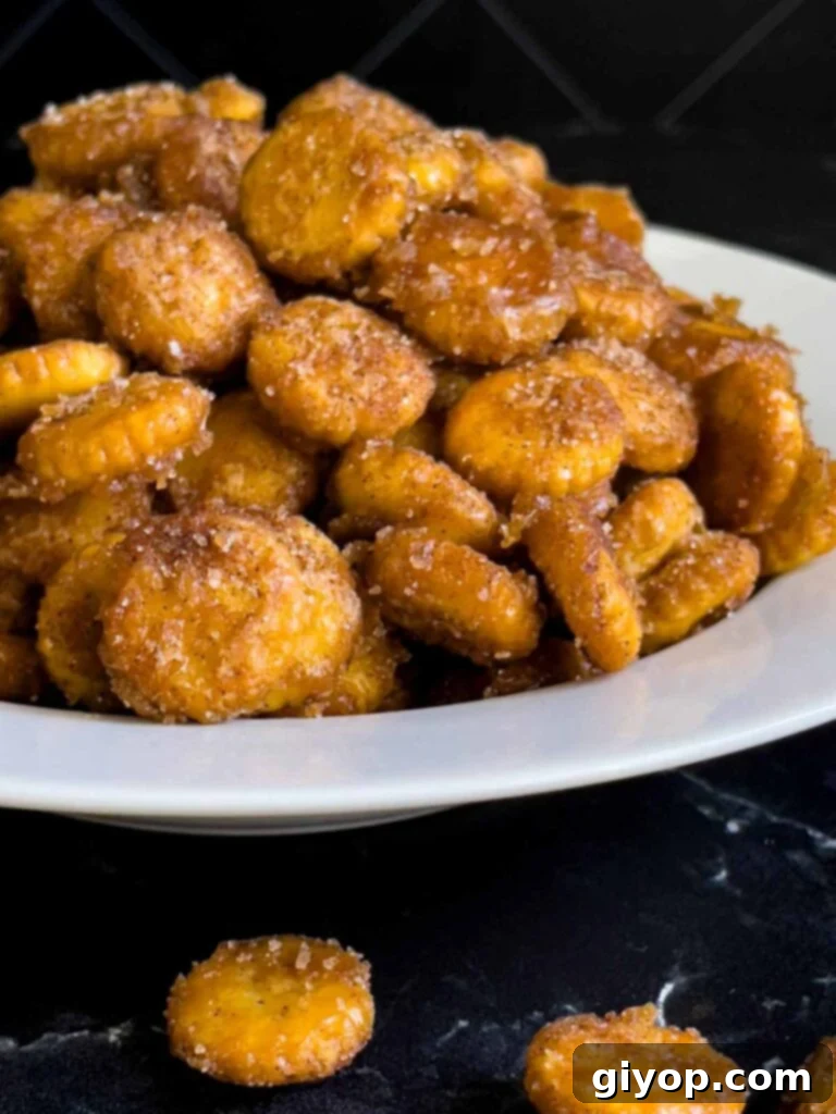 Oyster cracker churro snack mix in a light bowl on a dark surface, ready to eat.