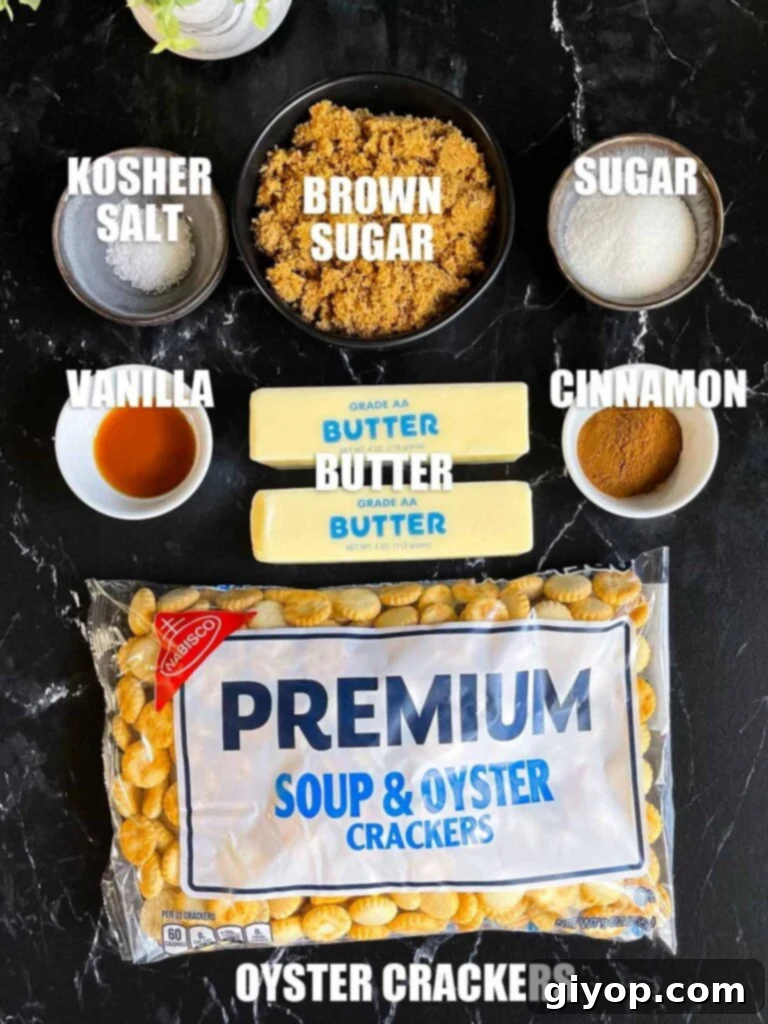 Ingredients for oyster cracker churro snack mix neatly arranged on a dark surface.
