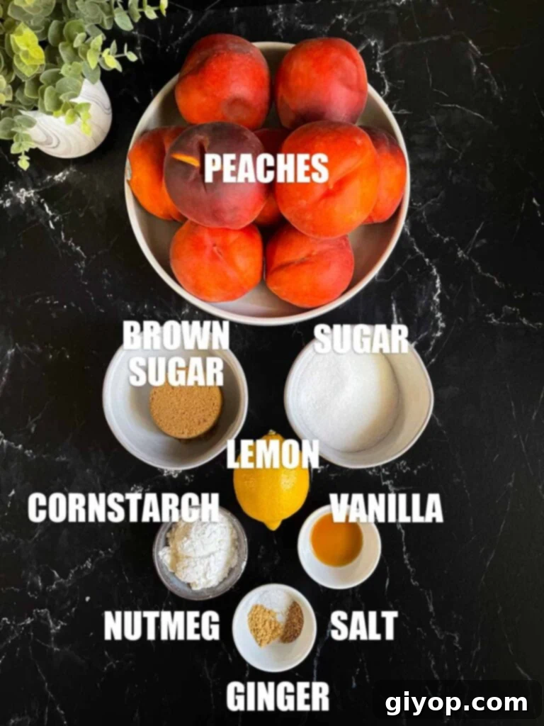 An array of fresh peach pie ingredients, including whole peaches, spices, and pie crust dough, artfully arranged on a dark, rustic surface.