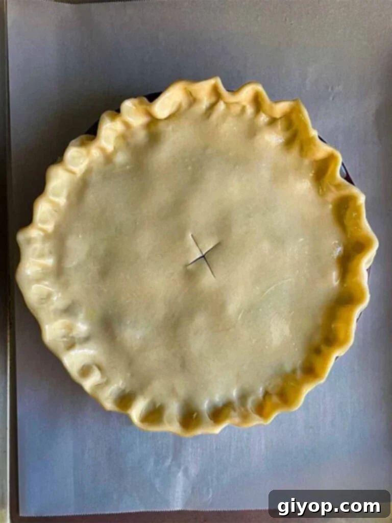 Perfectly Flaky Pie Crust 13 Decorative top pie crust being placed onto a pie.
