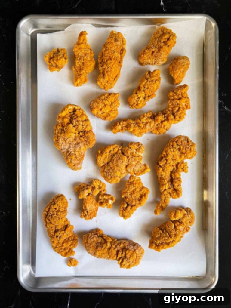 Cheesy Baked Chicken Parmesan Sliders 5 Breaded chicken tenders baking on a sheet pan, cooked to golden perfection.