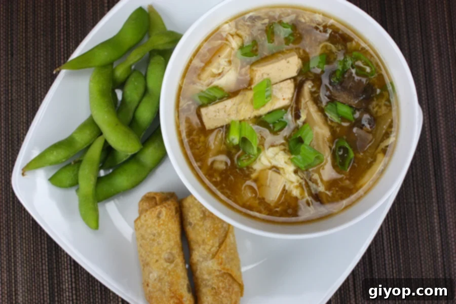 Hot and Sour Soup with spring rolls and edamame on a white plate.