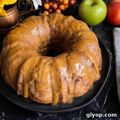 Caramel glazed apple dapple cake on a dark plate on a dark surface.