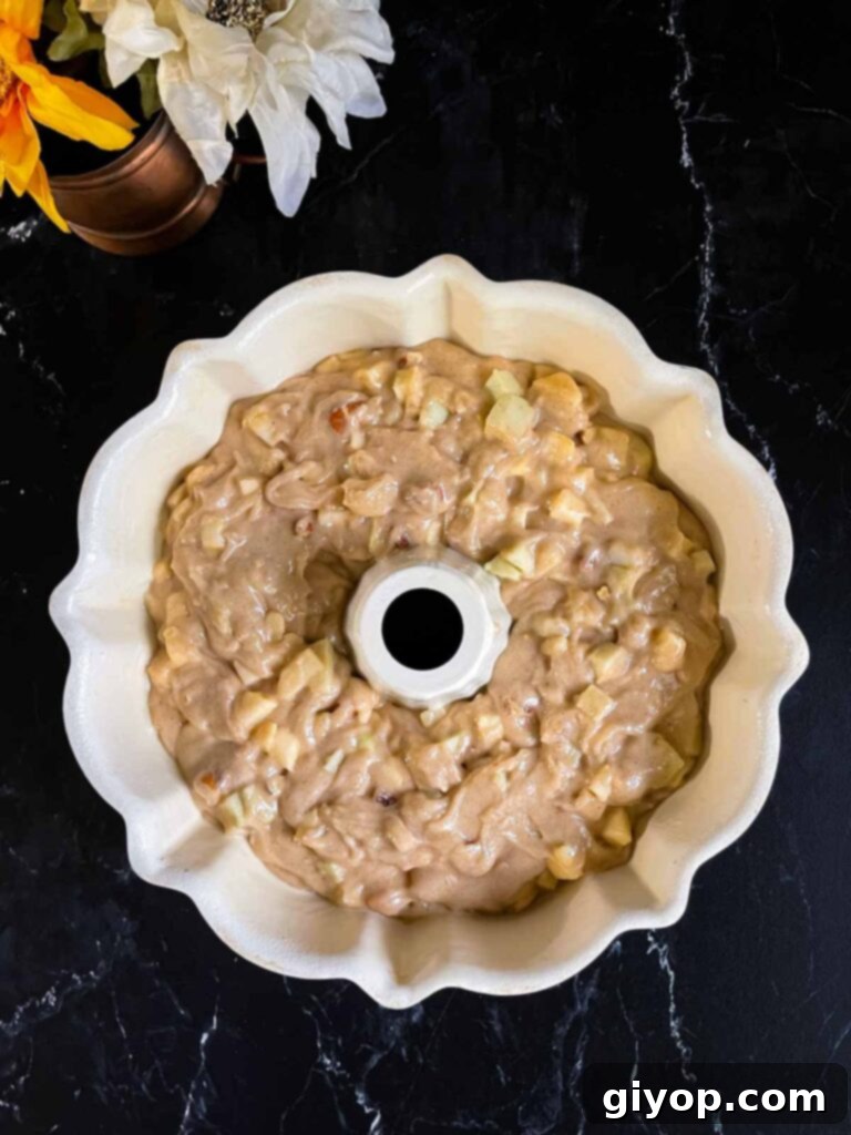 Unbaked apple bundt cake batter in a bundt pan on a dark surface.