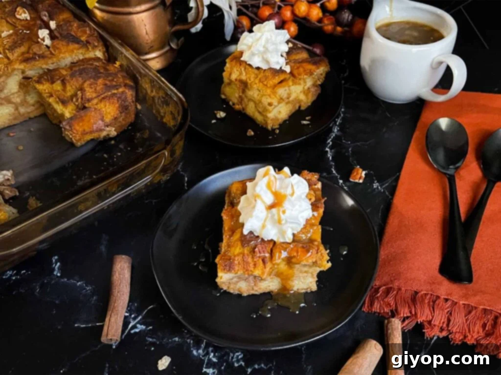 Decadent Pumpkin Bread Pudding with Salted Caramel Drizzle 2 Slice of pumpkin bread pudding garnished with whipped cream and salted caramel sauce on a dark surface.