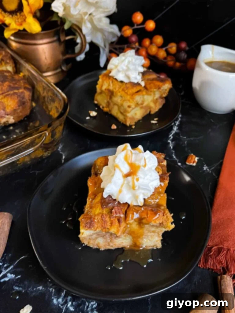 Decadent Pumpkin Bread Pudding with Salted Caramel Drizzle 12 Slice of pumpkin bread pudding garnished with whipped cream and salted caramel sauce on a dark surface.