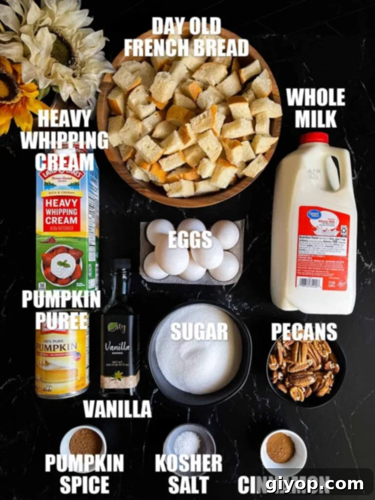 Decadent Pumpkin Bread Pudding with Salted Caramel Drizzle 3 Ingredients for pumpkin bread pudding on a dark surface.