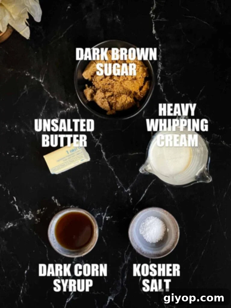 Decadent Pumpkin Bread Pudding with Salted Caramel Drizzle 4 Ingredients for salted caramel sauce on a dark surface.