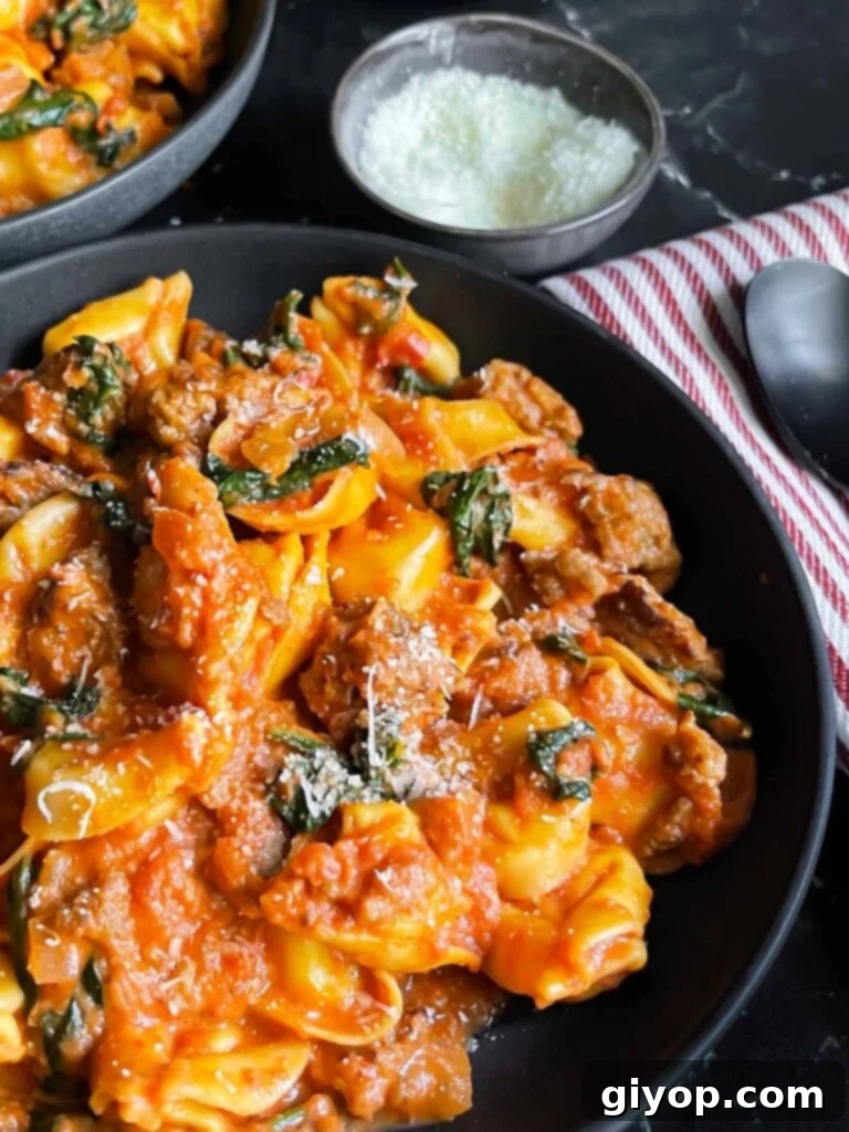 A dark ceramic bowl filled with one-pot tortellini with Italian sausage and spinach, garnished with fresh parsley on a dark wooden surface.