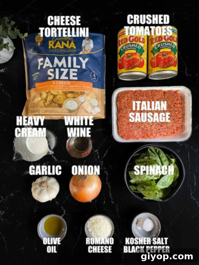 Fresh ingredients laid out on a dark surface: a package of tortellini, raw Italian sausage, onion, garlic, canned crushed tomatoes, heavy cream, spinach, and a wedge of Romano cheese.