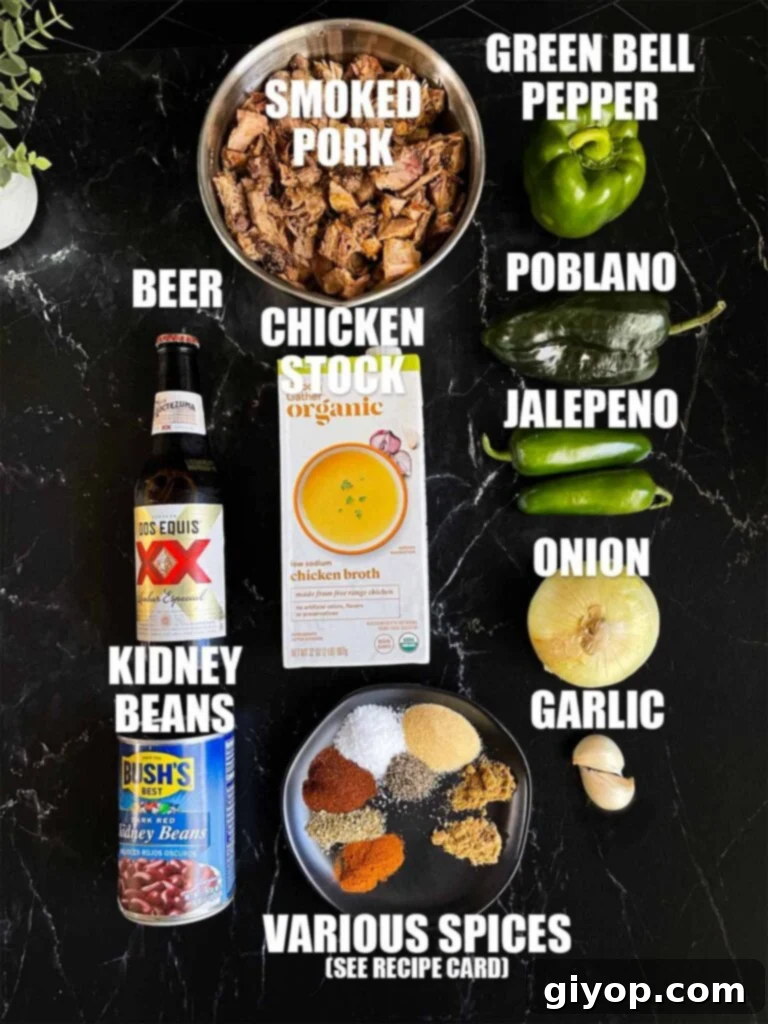 Ingredients needed to make smoked pork chili.
