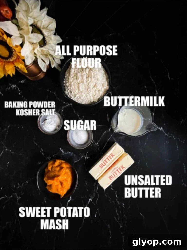 Sweet potato biscuits ingredients on a dark surface.