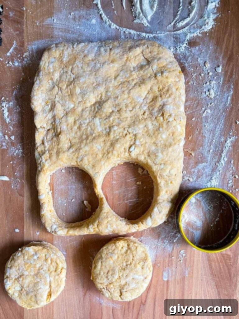 Sweet potato biscuit dough cut out into rounds on a floured wooden board.