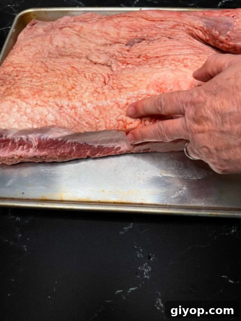 Showing where the big sections of fat is on a brisket.